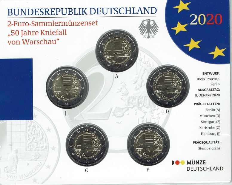 2 Euromunt Duitsland 5 x 2020 Knieval Warschau BU A-D-F-G-J (afbeelding voor) 2 Euromunt Duitsland 5 x 2020 Knieval Warschau BU A-D-F-G-J